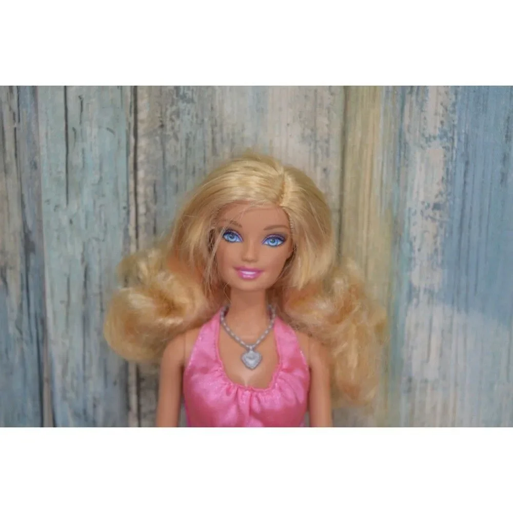 Barbie Doll Blond Hair Blue Eyes Pink Glitter Dress Silver Necklace & Heels